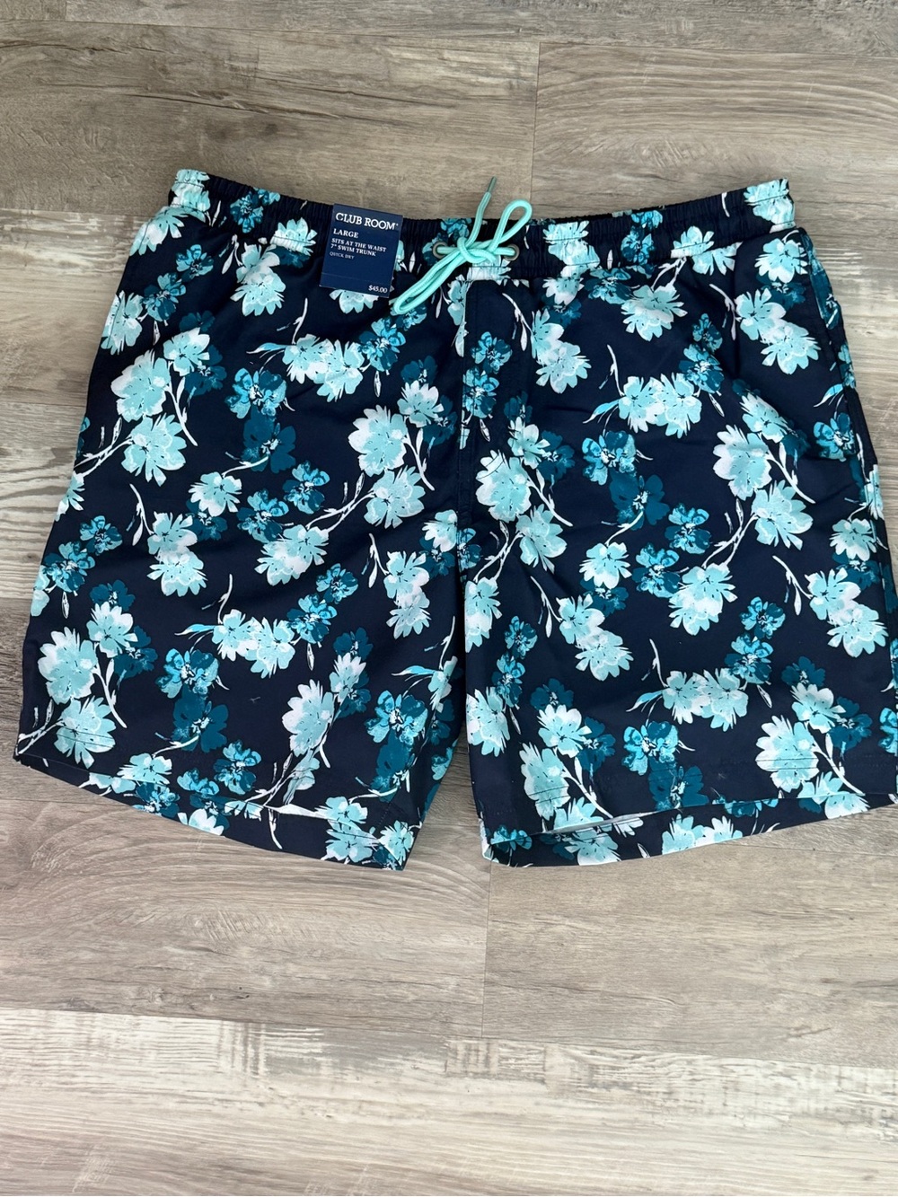 Club Room Men's Navy Floral Swim Trunks with Aqua Teal Flowers